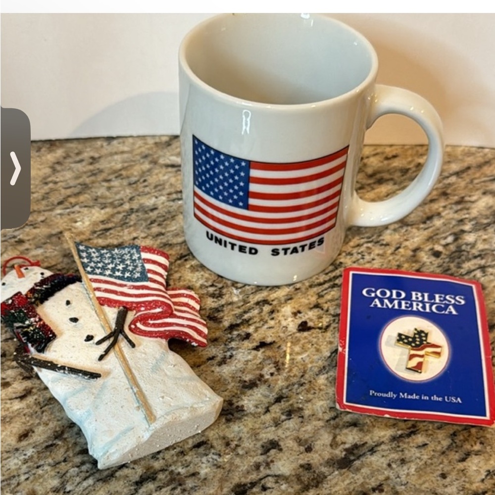 Mug Snowman Ornament Cross PIN 3 pcs patriotic BUNDLE American flag on each